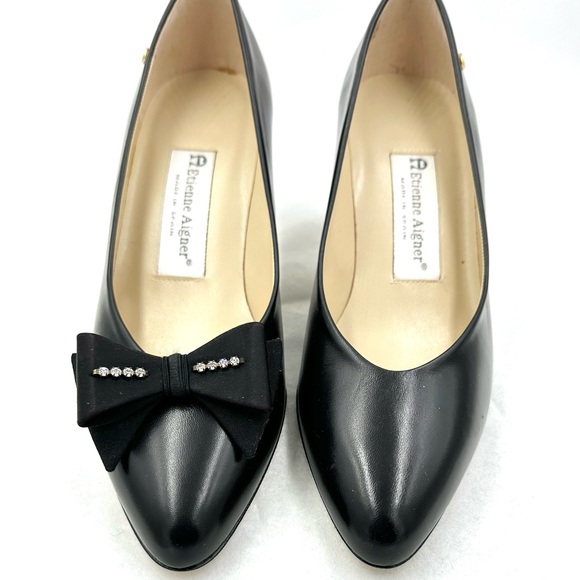 Vintage Black Bow Clear Rhinestone Shoe Clips Fancy Black Tie - Picture 2 of 11